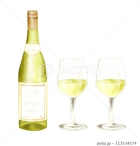 白ワインのボトルとワイングラスの水彩イラスト 113534574