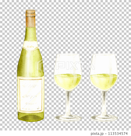 白ワインのボトルとワイングラスの水彩イラスト 113534574