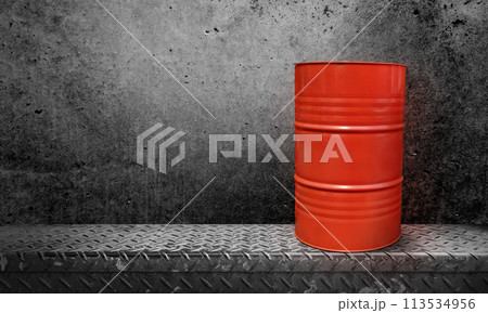 Orange oil barrels on steel plate with cement wall background 113534956