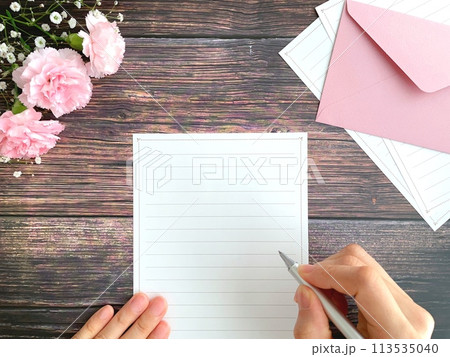 手紙を書く女性の手元とピンクのカーネーション 113535040