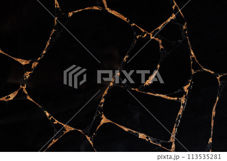 Black Obsidian semi precious stone texture with a gold leaf for exclusive interior design. Black Obsidian semi precious stone texture with a gold leaf for exclusive interior design. 113535281
