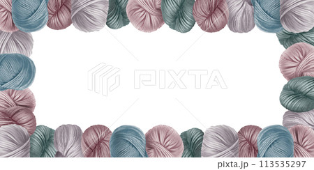 Skeins of yarn for knitting in a rectangular frame composition.Watercolor illustration.Isolated on white background.Your handmade craft card,banner,packaging design,knitter blog,needlework store. Skeins of yarn for knitting in a rectangular frame composition.Watercolor illustration.Isolated on white background.Your handmade craft card,banner,packaging design,knitter blog,needlework store. 113535297