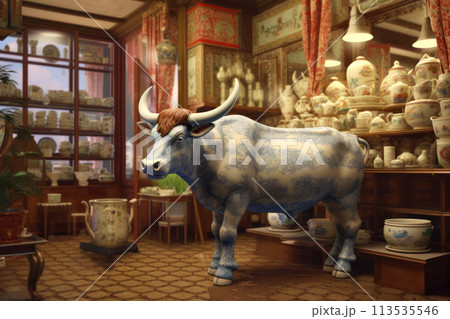 Realistic bull in a tea shop before a cup of tea. 113535546