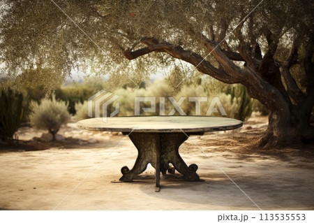 An old vintage round table with carved legs under an old large olive tree. Generated by AI. 113535553