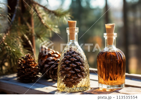 Two elegant glass bottles of cedar cones oil with corks in the sunlight. Transparent crystal bottles with golden liquid on a wooden table. Generated by AI. 113535554
