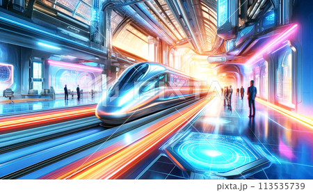 電車の光跡と交差する車の風景 リニアモーターカー 電車の光跡と交差する車の風景 リニアモーターカー 113535739