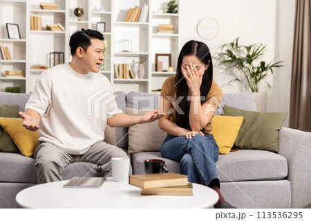 Upset Chinese Couple in Emotional Divorce Discussion at Home Upset Chinese Couple in Emotional Divorce Discussion at Home 113536295