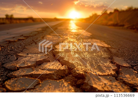 Sunset on a Cracked Desert Road. Generative AI 113536669