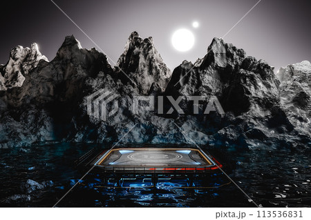 3d render of product presentation stand surrounded by neon lights in water 113536831