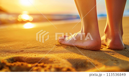 Sandy Sole Serenity: Macro Beach Feet. Generative AI	 113536849