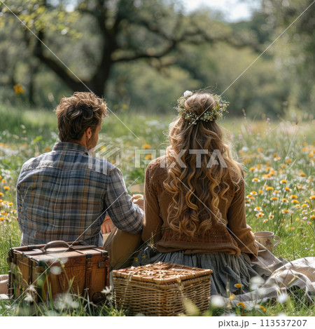 A couple having an outdoor picnic 113537207