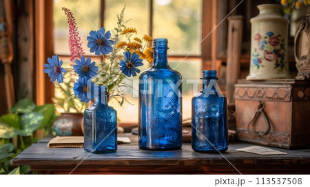 Three blue glass bottles on a table with flowers in them, AI 113537508