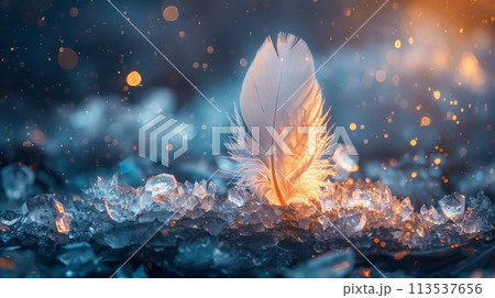 A white feather sitting on top of some ice crystals, AI 113537656