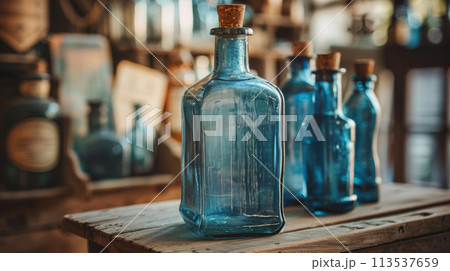 A group of blue bottles sitting on a wooden table, AI 113537659