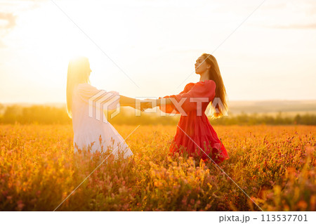 Two Beautiful woman in a field. Nature, fashion, vacation and lifestyle. 113537701