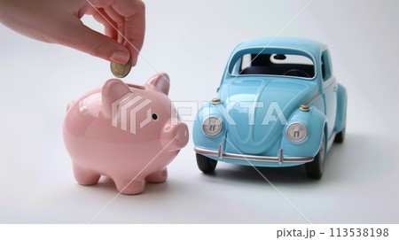 豚の貯金箱と車の玩具、車を買うために貯金をするイメージ 113538198