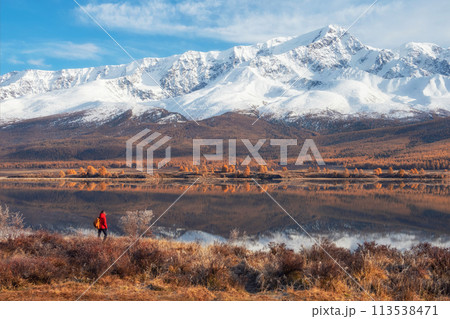 Back view of traveler in a red looking to mountain lake. 113538471