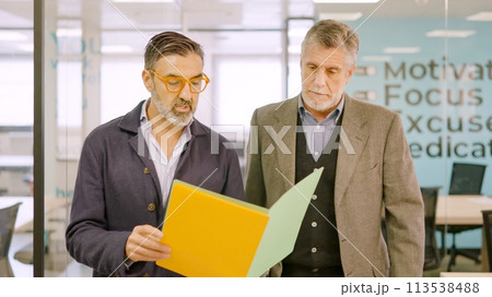 Businessmen walking while reading a financial report on paper 113538488
