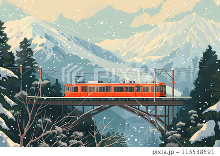 陸橋を走る電車の風景（冬） 113538591