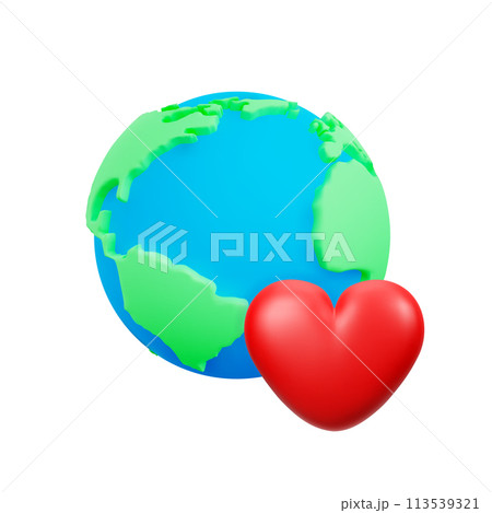 Cute 3d cartoon planet Earth with red heart. Concept of love for living, care for environment. Element for ecological messages. Environment Day or Earth Day concept. Vector illustration of 3d render. 113539321