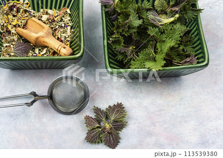 Herbal tea with nettle, alternative medicine. 113539380