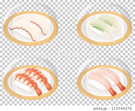 Conveyor belt sushi with cover, octopus, squid, shrimp, sweet shrimp Conveyor belt sushi with cover, octopus, squid, shrimp, sweet shrimp 113540378