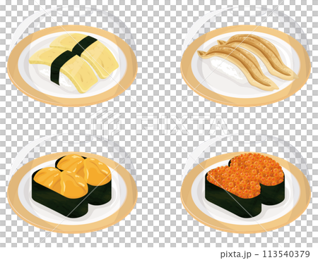 Conveyor belt sushi with cover, egg, conger eel, sea urchin, salmon roe 113540379