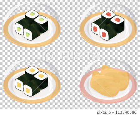 Conveyor belt sushi with cover, Kappa roll, Tekka roll, Oshinko roll 113540380