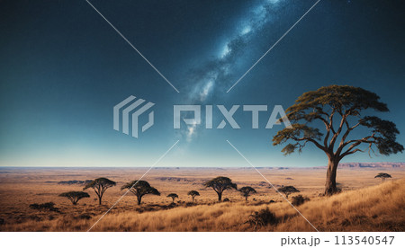 夜のサバンナと天の川のイメージ　AI生成画像 113540547