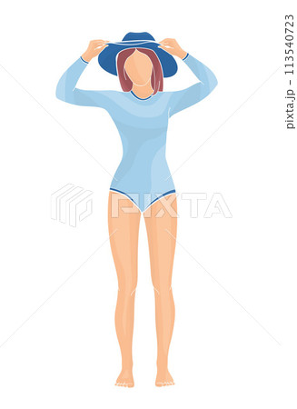 women in long sleeve sun protective beach clothes and sun hat	 113540723