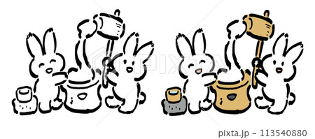 お月見に備えて餅つきをする2羽のうさぎのイラストと線画セット お月見に備えて餅つきをする2羽のうさぎのイラストと線画セット 113540880