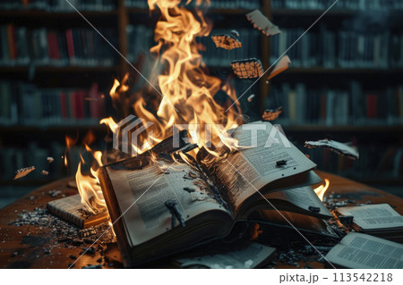 Burning in fire old open book on the library desk.Censorship, prohibition of freedom information. 113542218