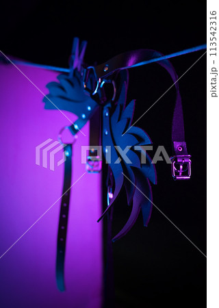 bdsm leather shoulder straps in the shape of wings hanging on a clothesline in neon light on a black background, conceptual photos bdsm leather shoulder straps in the shape of wings hanging on a clothesline in neon light on a black background, conceptual photos 113542316
