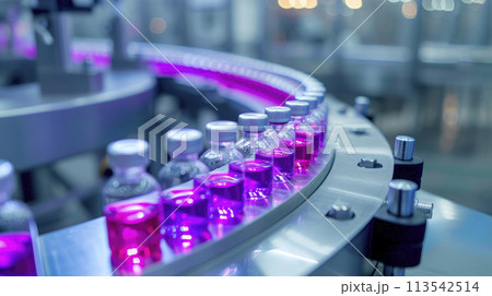 Medical vials on production line at modern pharmaceutical factory. Medical vials on production line at modern pharmaceutical factory. 113542514