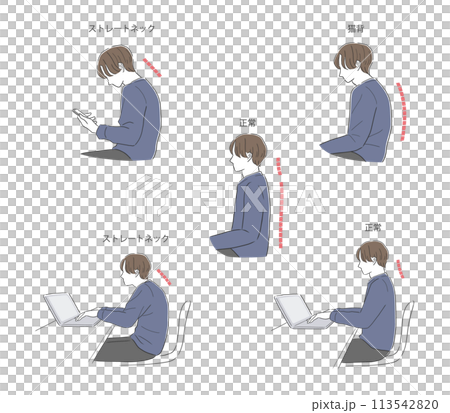 Illustration set of a man with bad posture using a smartphone or laptop and a man with good posture Illustration set of a man with bad posture using a smartphone or laptop and a man with good posture 113542820