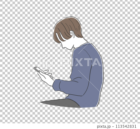 Illustration material of a man with a straight neck looking at a smartphone 113542831