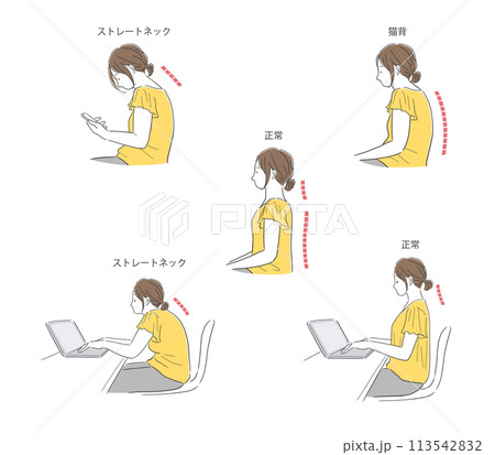 スマホやノートパソコンを使う姿勢の悪い女性と姿勢の良い女性のイラストセット スマホやノートパソコンを使う姿勢の悪い女性と姿勢の良い女性のイラストセット 113542832
