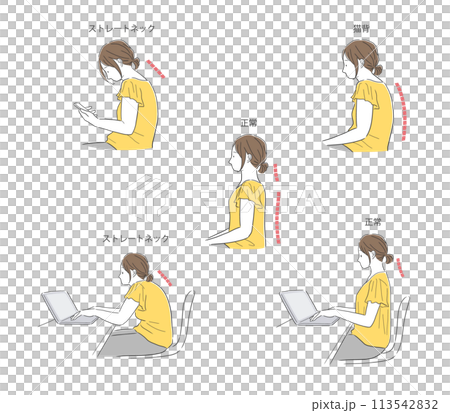 スマホやノートパソコンを使う姿勢の悪い女性と姿勢の良い女性のイラストセット スマホやノートパソコンを使う姿勢の悪い女性と姿勢の良い女性のイラストセット 113542832