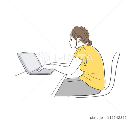 パソコン作業をする猫背の女性のイラスト素材 113542835