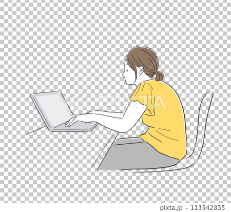 パソコン作業をする猫背の女性のイラスト素材 113542835