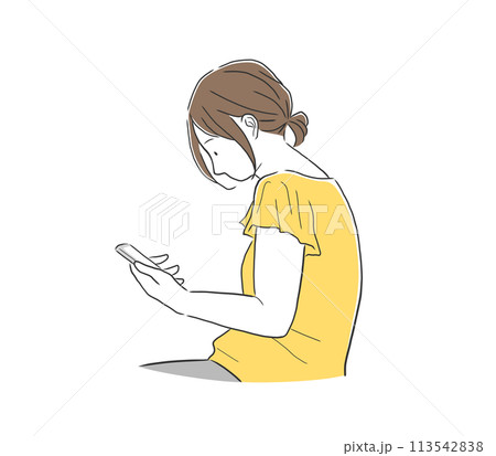 スマホを見ているストレートネックの女性のイラスト素材 113542838