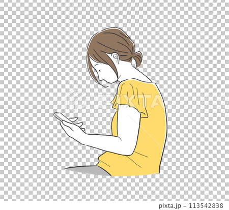 スマホを見ているストレートネックの女性のイラスト素材 113542838