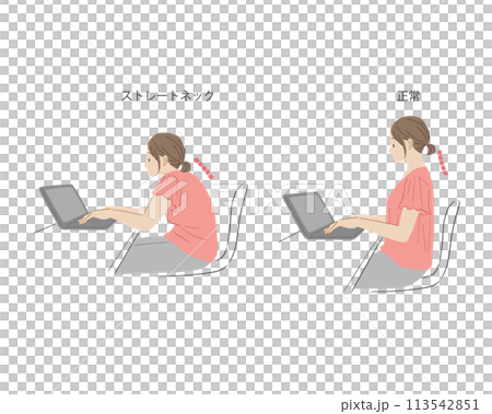 女性以駝背和正確姿勢操作電腦的插圖集 113542851
