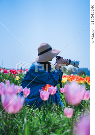 花を撮影する女性 113543146