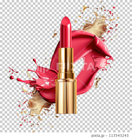 Luxury red lipstick with glossy finish and gold accents, perfect for a glamorous makeup look 113543243