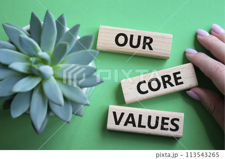Our core values symbol. Concept words Our core values on wooden blocks. Beautiful green background with succulent plant. Businessman hand. Business and Our core values concept. Copy space. Our core values symbol. Concept words Our core values on wooden blocks. Beautiful green background with succulent plant. Businessman hand. Business and Our core values concept. Copy space. 113543265