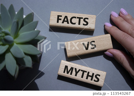 Facts vs Myths symbol. Wooden blocks with words Facts vs Myths. Beautiful grey background with succulent plant. Businessman hand. Business and Facts vs Myths concept. Copy space. 113543267
