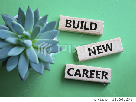 Build new career symbol. Concept word Build new career on wooden blocks. Beautiful green background. Business and Build new career concept. Copy space 113543273