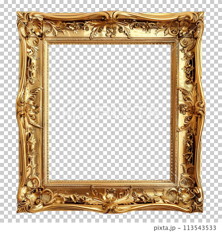 Rectangular gold frame, baroque luxury, carved details, vintage golden frame, isolated on transparent background 113543533