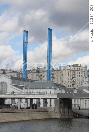 Moscow, Bolotnaya embankment, heating station number 2 cultural center, February 2022. Moscow, Bolotnaya embankment, heating station number 2 cultural center, February 2022. 113544208